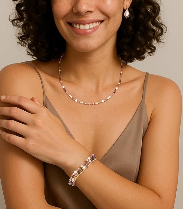 Beaded Bracelets Stack for Women Small Beaded Stretch Stone Bracelets Stackable Gemstone Crystal Dainty Boho 14K Gold Plated Beads Anklets Necklace Summer Jewelry for Women
