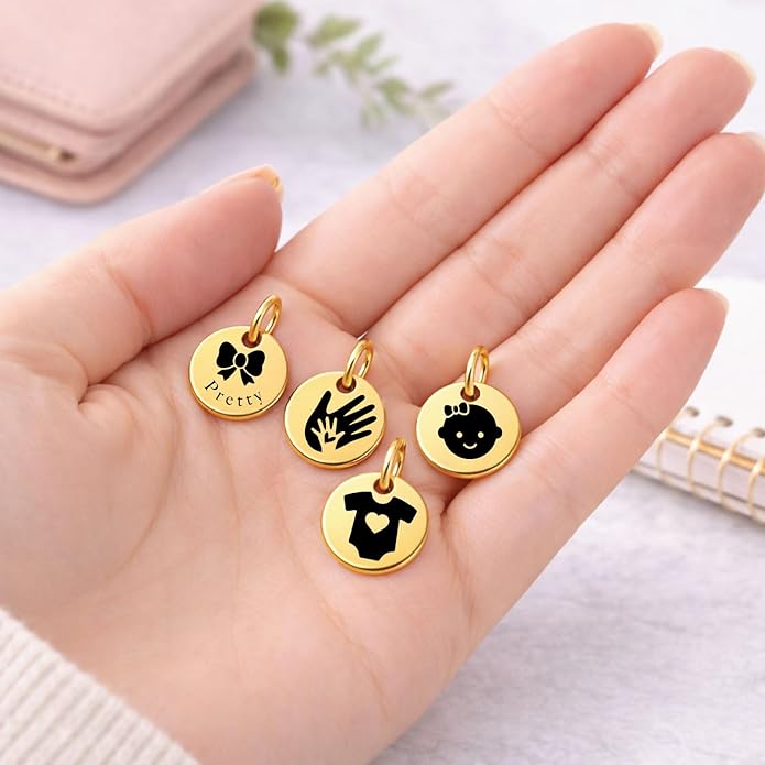 SM Design Pregnancy & New Baby Charm Set – Set of 4 Meaningful Stainless Steel Charms – Great for Crafting, Making Bracelets and Necklaces - Meaningful Keepsake Charms for Expecting & New Moms