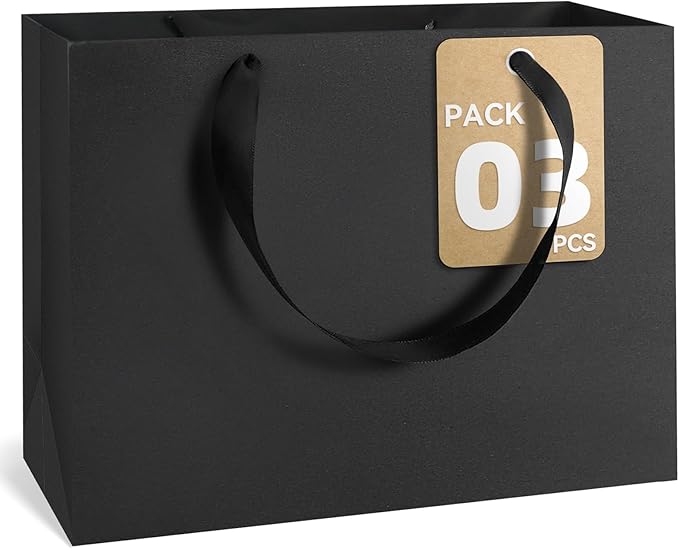 Large Black Gift Bags With Handles, 15x6x12 Inch Sturdy Kraft Paper Large Gift Bags, Bulk for Wedding, Party, Birthday, Business and Shopping (Black-XL-3-pcs)