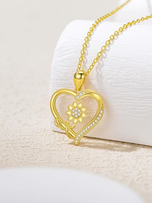14K Solid Gold Rose Flower/Sunflower Necklaces for Women Flower Heart Pendant Necklace Love Sunshine Jewelry Anniversary Valentine's Day Birthday GiftS for Women Wife Girlfriend Her Mom