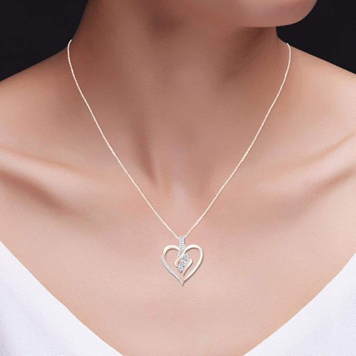 3 Stone Heart Pendant Necklace for Women in 14K Gold Over 925 Sterling Silver, Natural Diamond, Moissanite or Lab-Grown Diamond (0.25 Ct), Dainty Jewelry Gift with 18" Chain for Her Valentine’s Day