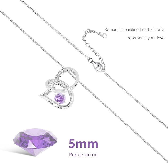 Enduring Hearts Purple Zircon Necklace for Women - 14K Gold Plated Copper Infinity Pendant, Dainty Everyday Jewelry