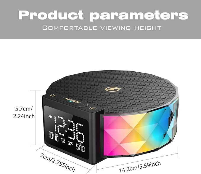 Alarm Clock with Fast Wireless Charging 15W,Digital Alarm Clock Night Lamp for Bedroom, RGB Nightlight for 5 Colors,Snooze Mode,8 Types of Music with Cable (Black)