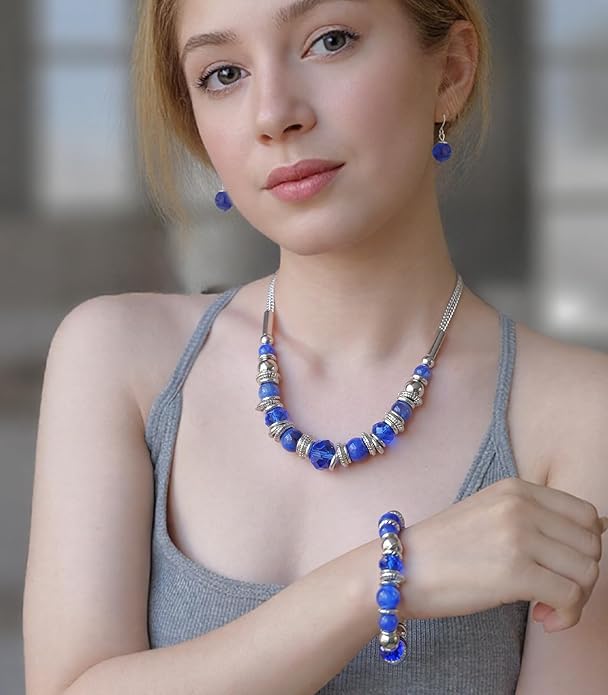 PEARL&CLUB Silver Beaded Statement Necklaces for Women Chunky Bead Necklace Bracelet and Earring Costume Jewelry Sets Gifts for Mom