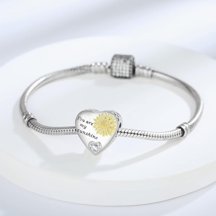 925 Sterling Silver Sunflower Charms Fit Pandora Charms Bracelet Forever In My Heart Fit Wife Mother's Day Christmas Birthday Gift