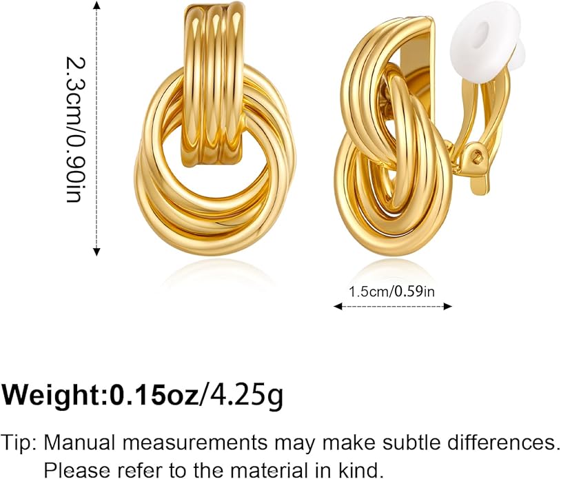 Clip on Earrings for Women 14K Gold Plated Geometric Knot Non Pierced Ear Clips Lightweight Trendy Hypoallergenic No Piercing Jewelry Gifts