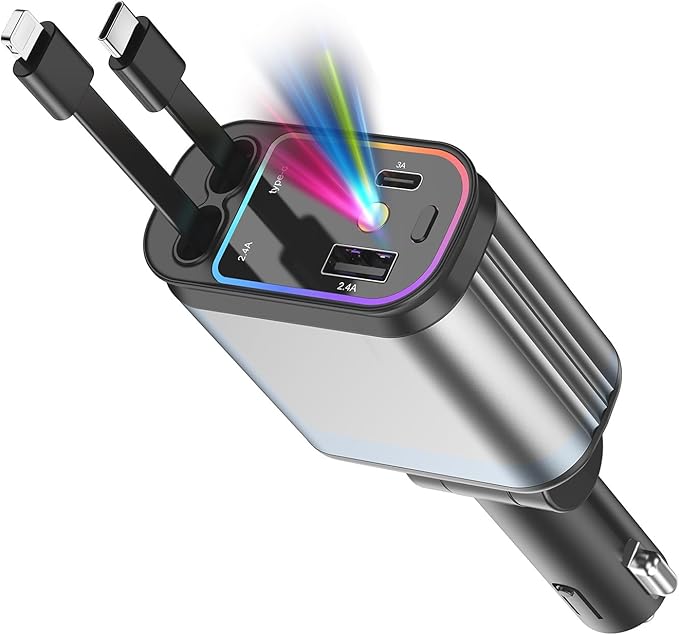 Fast Car Charger with Starlight, 4 in 1 Retractable Car Charger, 69W USB C Adapter, Cars Accessories with Starlight Roof, 2 USB Ports Phone Cars Chargers Compatible with iPhone 16 15 14 and Android