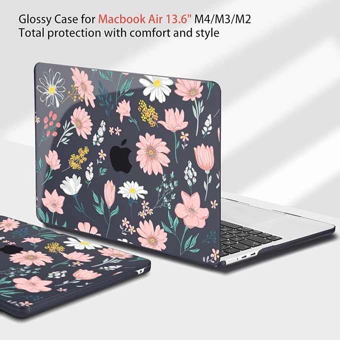 Teryeefi for MacBook Air M4 M3 M2 13 inch Case fits Model A3240 A3113 A2681, Hard Shell for MacBook Air 13.6" 2022-2025 Released with Keyboard Cover+Screen Protector+Type C Adapter, Petal and Flowers
