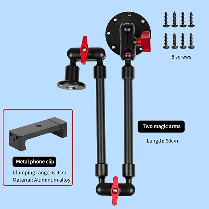 Magic Arm Adjustable Mobile Phone Holder for Desk, Wall Mount and Ceiling Mount Bracket for Phone and Other Smartphones (Metal Base +60cm arms+Metal Clip)