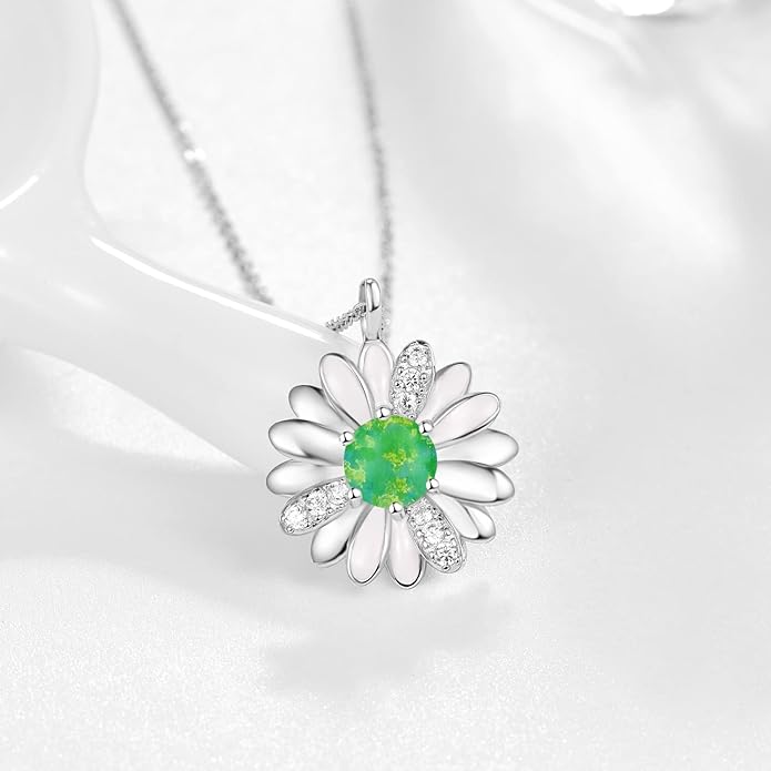 KINGWHYTE Daisy Necklace Gifts for Women 925 Sterling Silver Opal Daisy Pendant Spring Flower Necklace Jewelry Graduation Birthday Celebrate Congratulation Gift