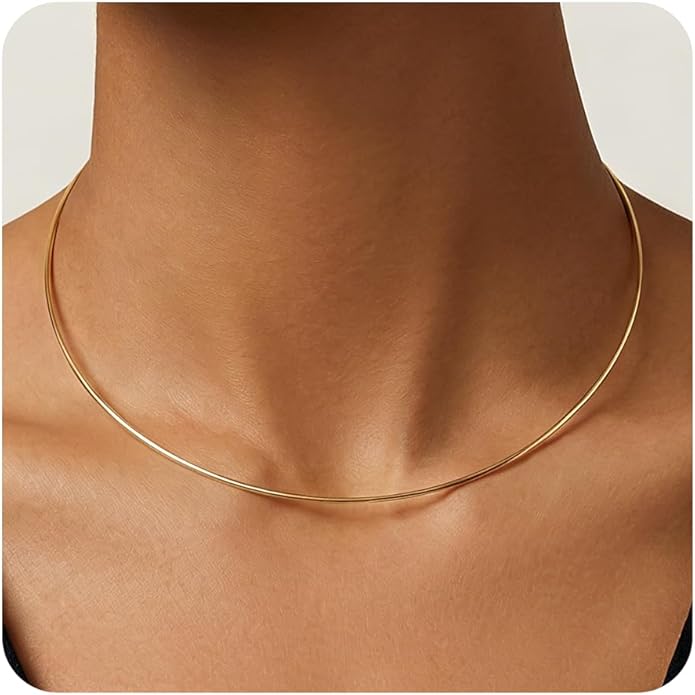 Dainty Choker Necklace for Women, Minimalist Simple Thin Lightweight Collar Choker, 14K Gold Plated Stainless Steel, Hypoallergenic Fashion Trendy Jewelry, Open Cuff Bangle Inspired Design Jewelry