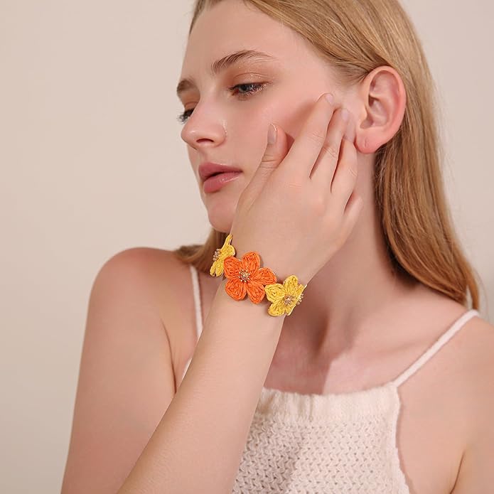 Raffia Flower Cuff Bracelet for Women, Floral Chunky Bangle Wide Open Cuff Statement Bracelet