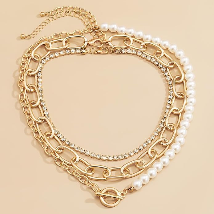 Women Multilayer Silver Gold Dainty Pearls Layered Choker Necklaces Handmade Beads Fashion Chunky Pendant Multilayer Adjustable Layering Chain Gold Plated Necklaces Set for Women