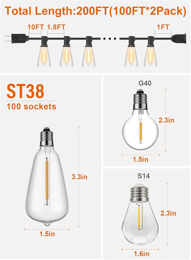 GPATIO 200FT(100FT*2Pack) Outdoor String Lights, Waterproof Patio Lights with 104 Dimmable Hanging Lights Globe ST38 Bulbs, 2700k Shatterproof for Backyard Gazebo Porch Garden Outside Decor