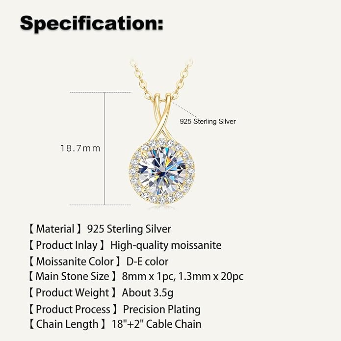 2CT Infinity Moissanite Pendant Necklace, Round Cut 8mm D Color Halo Necklace 925 Sterling Silver Adjustable Chain, Elegant Jewelry Gifts for Women