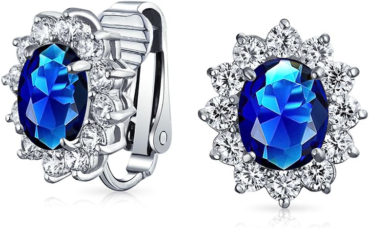 Traditional Classic Bridal Simulated Gemstones Cubic Zirconia AAA CZ Halo Crown Oval Stud Clip On Earrings For Women Wedding Non Pierced Ears Rose Gold Silver Plated