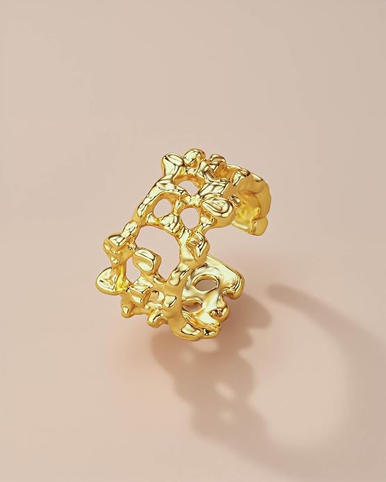 Gold Large Chunky Dainty Shell FULLY ADJUSTABLE Open Ring for Women by SNGIA, Summer Beach Handmade Adjustable Seashell Ring, Minimalist Stackable Ocean Themed Wedding Date Birthday Gift, Bold Exaggerated Irregular Wavy Trendy Ribbed Jewelry, Textured ...