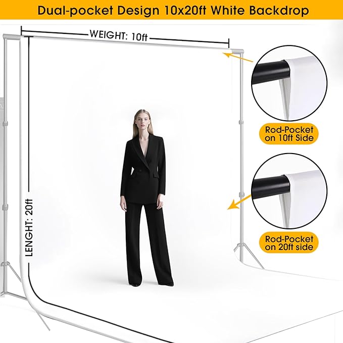 10x20ft White Backdrop for Photography, Dual-Size Dual-Pocket Design Photo Booth Background for Portrait Photoshoot, Party and Video with Both Options of 10 feet and 20 feet in Width