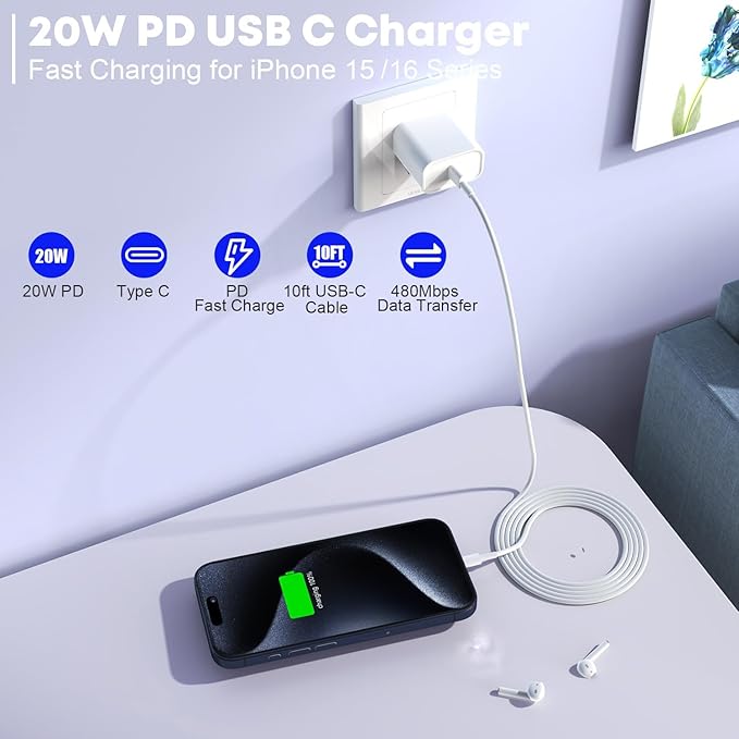 Fast Charger for iPhone 16/15 Charger,10FT Extra Long Fast Charging 3Pack USB-C Wall ChargerBlock USB C To USB C Fast Charging Cable Cord for iPhone 16 Pro Max/iPhone 15 Pro/15 Plus,iPad Pro/Air/Mini