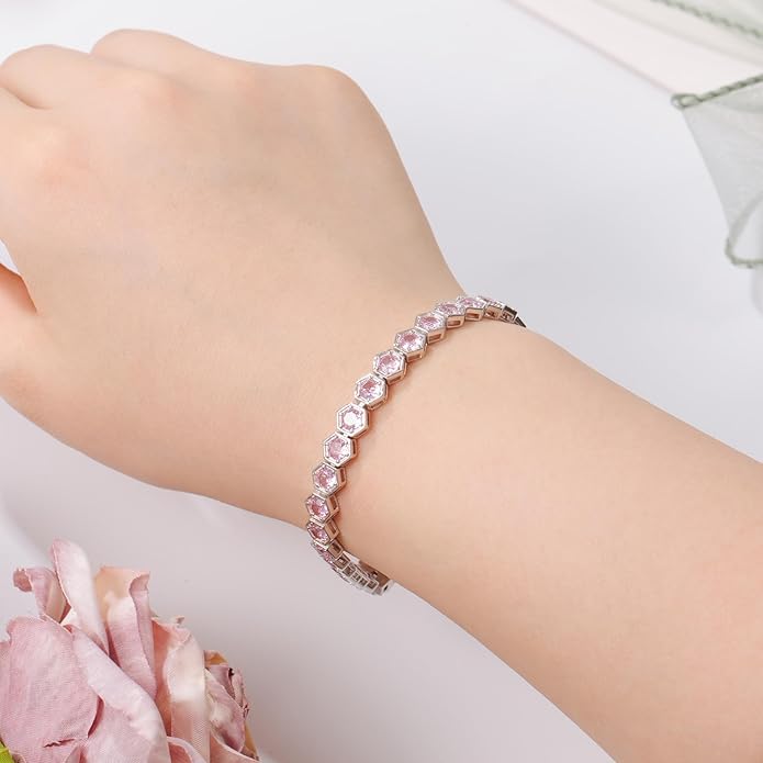 Birthstone Tennis Bracelets for Women Birthday Gifts 925 Sterling Silver Hexagon White Gold Bracelets Round Cut 5A Cubic Zirconia Prong Setting 7 Inch Anniversary Jewelry Gift