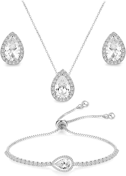 UDYLGOON Imitation Cubic Zironia Diamond Teardrop Earrings Necklace Bracelet Jewelry Set For Bride Bridesmaids Bridal Wedding Party Prom Jewelry Gift