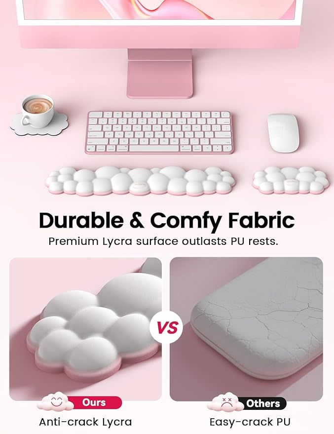 Vaydeer Cloud Keyboard Wrist Rest Set – Ergonomic Memory Foam Wrist Pad for Computer, Laptop & Gaming, Non-Slip Cute Desk Accessories for Office(Keyboard Rest + Mouse Rest + Coaster)
