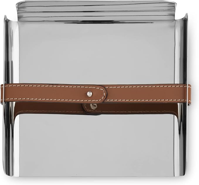 Nambe - Tahoe Collection Stainless Steel Napkin Holder with Raised Edges and Leather Clasp 7" x 2" - Leather Accent is Removable