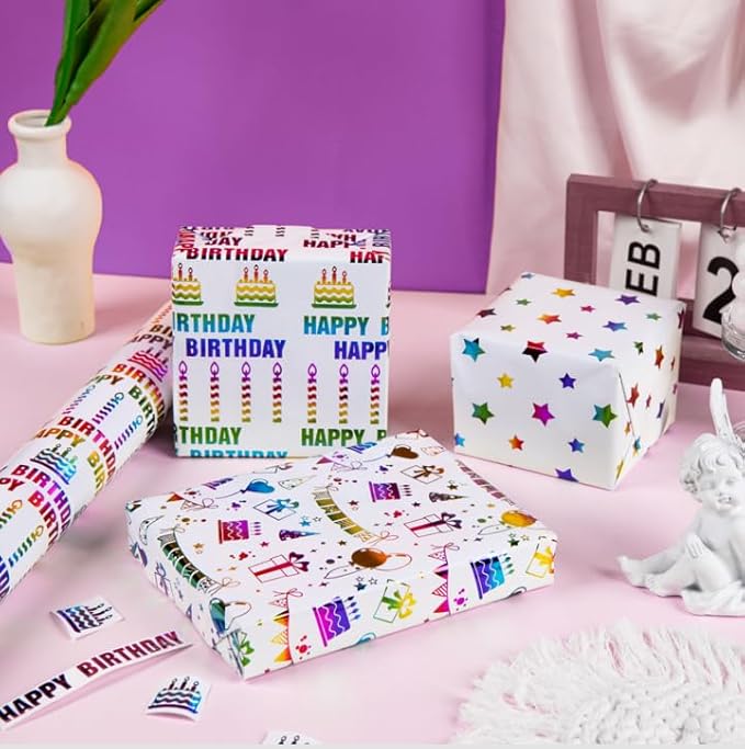 Linnoptimix Birthday Wrapping Paper Roll -3 LARGE ROLL-27inch*78 inch per roll Colorful Foil wrapping paper (Birthday 3 White/Colorful Foil（009）)