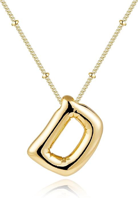 Inerney Valentines Day Gifts Gold Bubble Letter Necklace Initial Necklaces for Women, Chunky 14K Plated Balloon Initials, Trendy Charm Non Tarnish Custom Name Pendant Jewelry Gifts for Mom