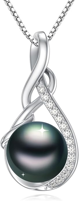 Tahitian Black Pearl 18K White Gold Plated Sterling Silver Heart/Infinity/Four Leaf Clover Pendant Necklace Jewelry Gifts for Women Wife Mom Girlfriend Wedding Birthday Anniversary Christmas