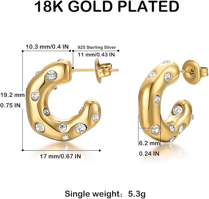 Gold Earrings for Women Girls,14K Gold Plated Hoop Earrings with 925 Sterling Silver Post Cubic Zirconia Stud Earring Huggie Hoops Earrings
