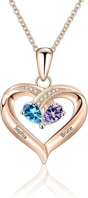 MissNaNa Sterling Silver Personalized 2 Names Heart Necklace with 2 Birthstone Couple I Love You Heart Pendant Necklace Jewelry Gift for Her Wife Girlfriend Mom