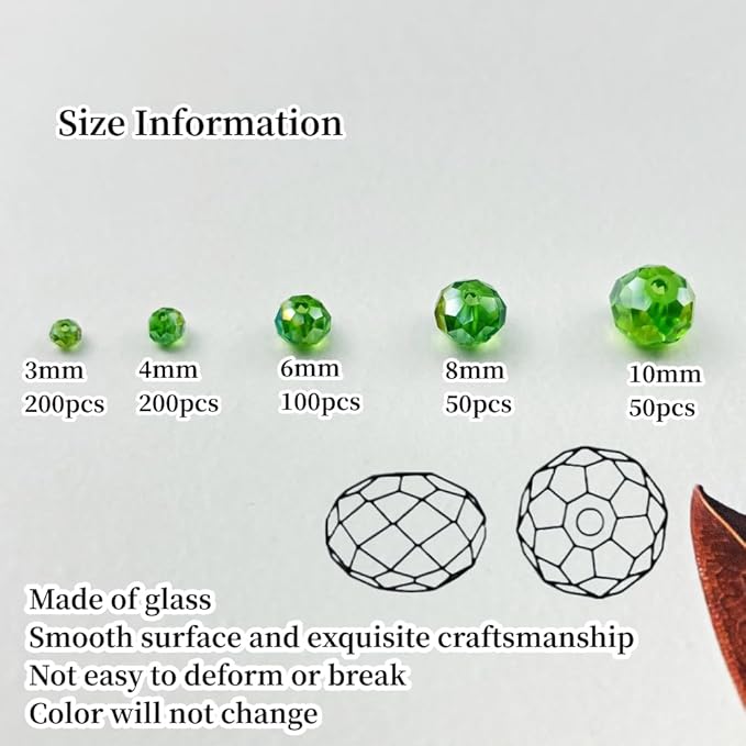 600pcs Crystal Glass Beads 3mm 4mm 6mm 8mm 10mm Rondelle Faceted Crystal Beads Spacer Beads for Necklace Bracelet Earrings DIY Jewelry Crafts Making Supplies(Green AB)