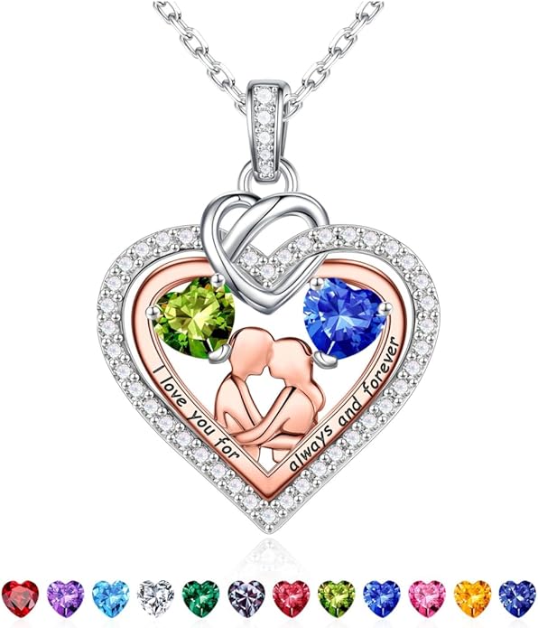 Iefil Valentines Day Gifts for Her - 925 Sterling Silver Double Heart Birthstone Necklace for Women, Anniversary Birthday Gifts for Wife I Love You Gift Couple Sitting Hugging Each Other Jewelry Gift