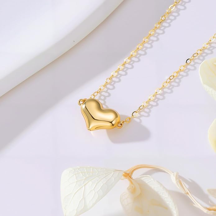 SISGEM Real 14k Yellow Gold Heart Necklace and 18k Gold Ball Earrings Set for Women