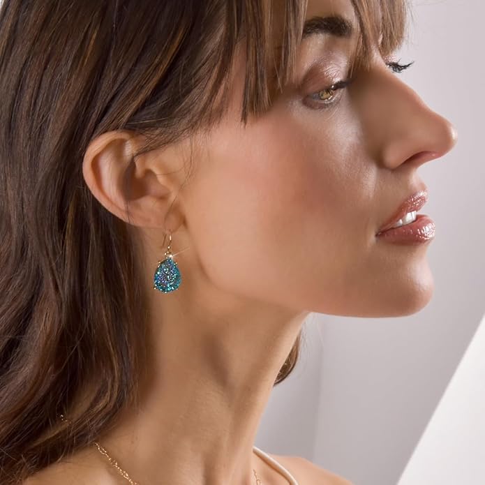 Teardrop Dangle Earrings for Women with Simulated Druzy Stones in Gold or Silver Tone