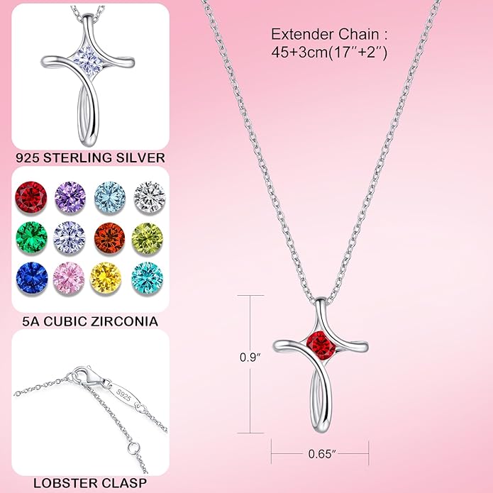 Cross Necklace for Women, 925 Sterling Silver Birthstone Necklace for Women with Diamond Sideways Cross Necklaces Birthstone Jewelry Birthday Gifts for Womens