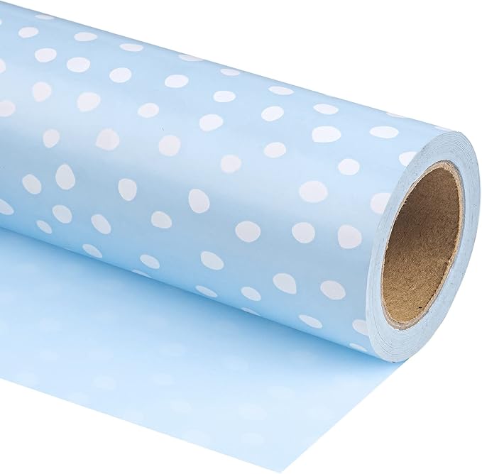WRAPAHOLIC Reversible Wrapping Paper - Mini Roll - 30 Inch x 33 Feet - Light Blue and Delicate Polka Dot Wrapping Paper for Baby Shower, Birthday, Wedding, Holiday