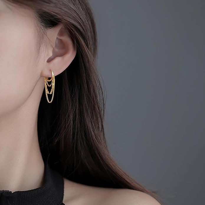 Reffeer Solid 925 Sterling Silver Chain Drop Earrings Hoop for Women Teens Hoop Earrings Tassel Chain Huggie Dangle Earrings
