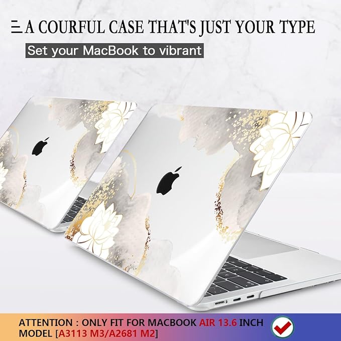 CISSOOK for MacBook Air 13.6 inch Case 2025 2024 2023 2022 Release Model M3 A3113 M2 A2681, Lotus Hard Shell Case Keyboard Cover for MacBook Air 13 M2 M3 M4 Chip, Charming Painting