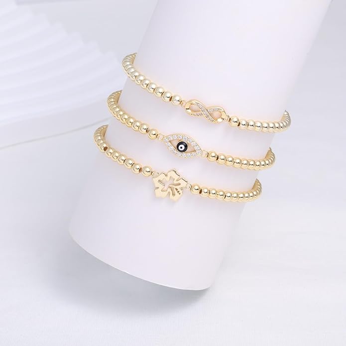 Gold Bracelets for Women 14K Gold Plated Bead Bracelet Hypoallergenic Stretch Bracelets for Women Elastic Bracelet Trendy Teen Gift Dainty Jewelry for Women
