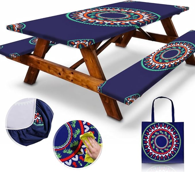 RNOONY 6ft Polyester Picnic Table Cover with Bench Covers Windproof & Waterproof Tablecloth, Perfect for Camping Gifts & RV Essentials, Cool Camping Gadgets, with Carrying Bag, 72x30 Inches, 4Pcs