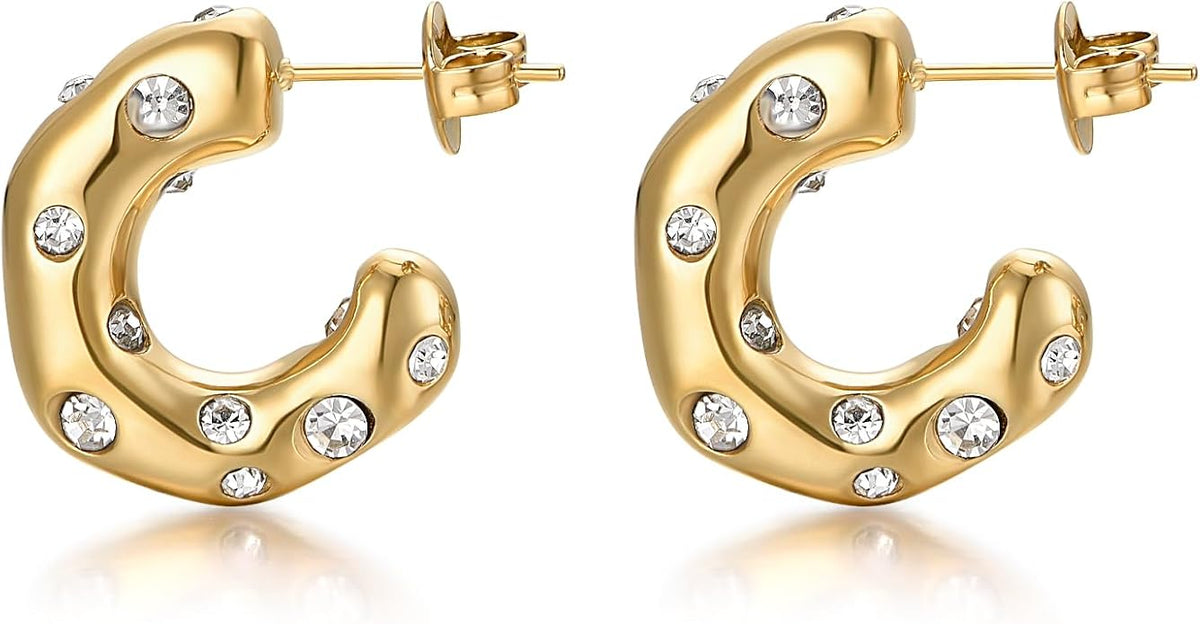 Gold Earrings for Women Girls,14K Gold Plated Hoop Earrings with 925 Sterling Silver Post Cubic Zirconia Stud Earring Huggie Hoops Earrings