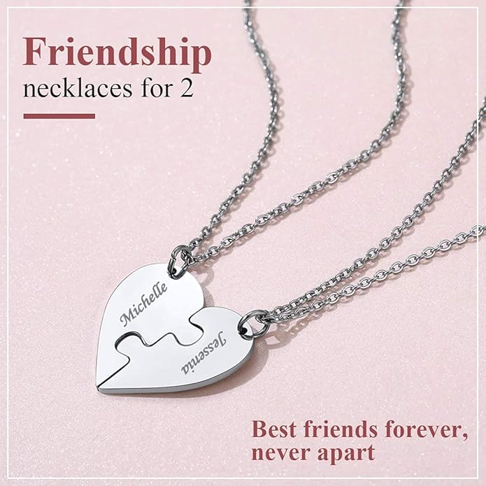 FindChic Personalized Matching BFF Necklace for 2/3/4/5/6 Puzzle Name Heart Pendant Stainless Steel Couple Necklace Set Customized Necklaces for Teen Girls