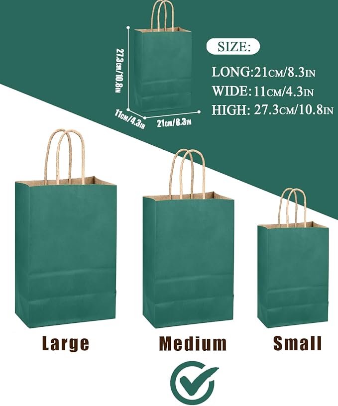 qiqee Peacock Green Gift Bag with Handles Bulk 24Pcs Paper Bags -10.6"x8.3"x4.3"Party Favor Bags - Solid Color