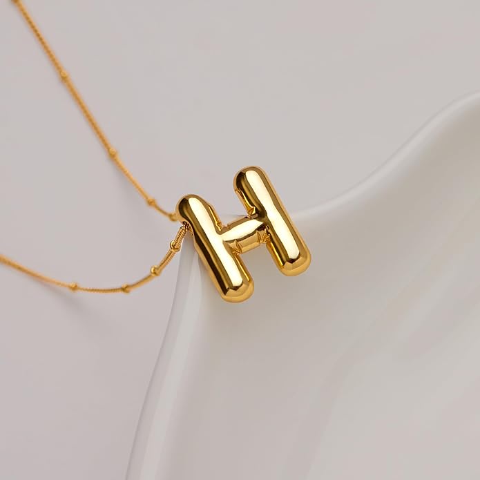 Inerney Valentines Day Gifts Gold Bubble Letter Necklace Initial Necklaces for Women, Chunky 14K Plated Balloon Initials, Trendy Charm Non Tarnish Custom Name Pendant Jewelry Gifts for Mom