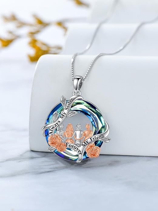 TOUPOP Sisters Gifts from Sister Necklace Sterling Silver Rose Flower with Crystal Jewelry Valentines Day Birthday Gifts for Women Best Friend Friendship