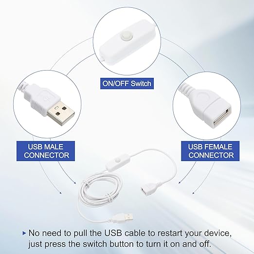 MECCANIXITY USB Extension Cable with ON/Off Button Switch 2m USB Male to Female Extension Cord for Desk Lamp Fan LED Light Strip White Pack of 1