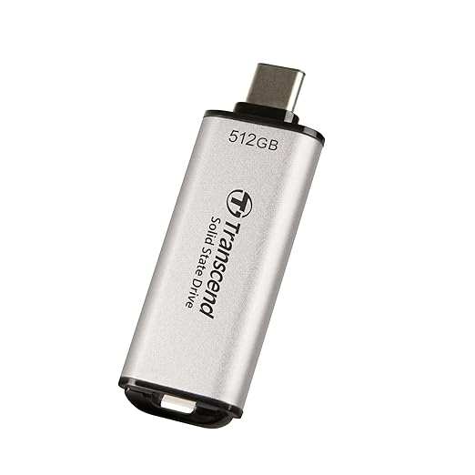 Transcend 512GB External SSD, USB 3.2 Gen2, Up to 1,050MB/s, Portable SSD with Type C, for Steam Deck, ROG Ally, MSI Claw, Windows & Mac, iPhone, iPad, Android, PS5, Xbox, Smart TV, Silver