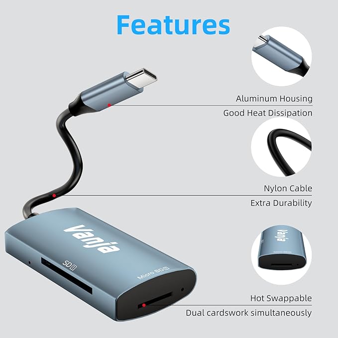 Vanja SD Card Reader USB C, High-Speed USB 3.0 Micro SD Card Adapter for SD SDXC SDHC MicroSD | Compatible with iPhone 17/16/15, MacBook Pro/Air, iPad Pro, Laptop, Galaxy Smartphones